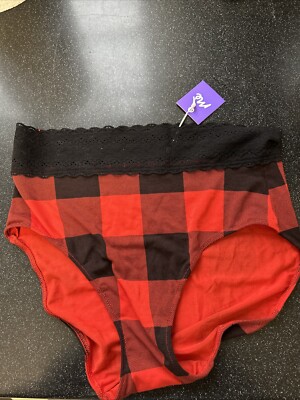 MeUndies Women's Modal Blend High Waste Brief Red/Black Plaid Print Size M NWT