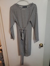 Merokeety Black & White Striped Tie Long Sleeve Midi Dress M