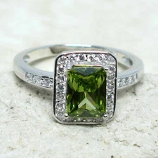 CHARMING 2 CT RECTANGULAR OLIVINE GREEN 925 STERLING SILVER RING SIZE 5-10