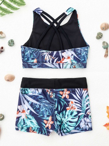 Girls Print Athletic Tankini Set Sport Crop Top with Swim Short Bathing Suits - Picture 58 of 143