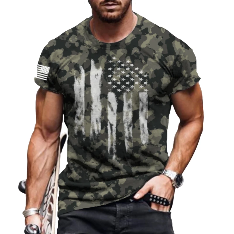 T-Shirt Men's Dark Green Tactical Graphic Short Sleeve USA Flag Camo Sports Soft