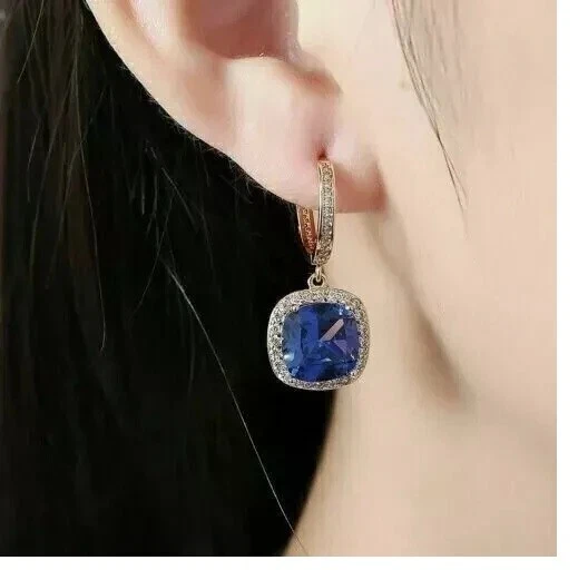 3CT Cushion Lab-Created Blue Sapphire Drop Dangle Earring 14K Yellow Gold Plated - Image 2 of 4