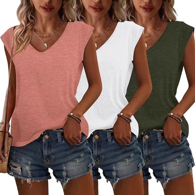 Women's V-Neck Loose T-Shirt - Short Sleeve Casual Tee, Summer Jersey Top - View #4