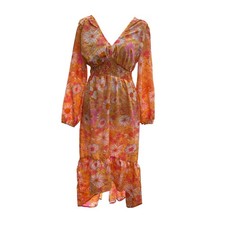 Retro Floral V-Neck Smocked Waist Midi Dress Orange Pink Daisy Boho Open Back
