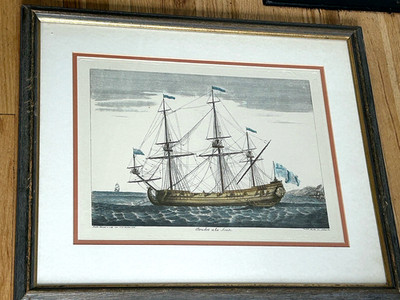 Framed Antique Signed Sketch of Warship - 'Brustot at Anchor' 22x18 Artwork