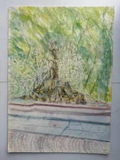 Vintage Watercolor Painting Park Statue Fountain Outdoor Landscape 14 x 20 OOAK