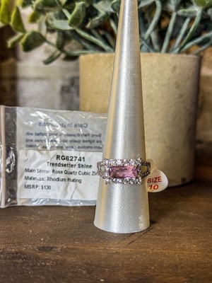 Bomb Party - TRENDSETTER SHINE - OG Ring Sz 10 - Rose Quartz CZ on Rhodium 