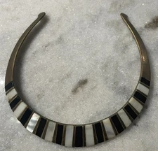 Vintage Brass Pearl Onyx Inlay Collar Necklace Egyptian Revival Art Deco Jewelry