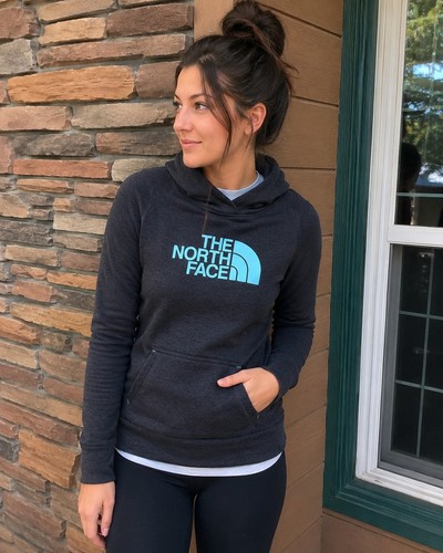 The North Face Women’s Fleece Hoodie Medium M Gray Charcoal Blue Logo Pullover