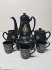VTG JAPAN BLACK MULTICOLOR FLORAL HAND PAINTED CERAMIC COFFEE/TEA 12 PIECE SET