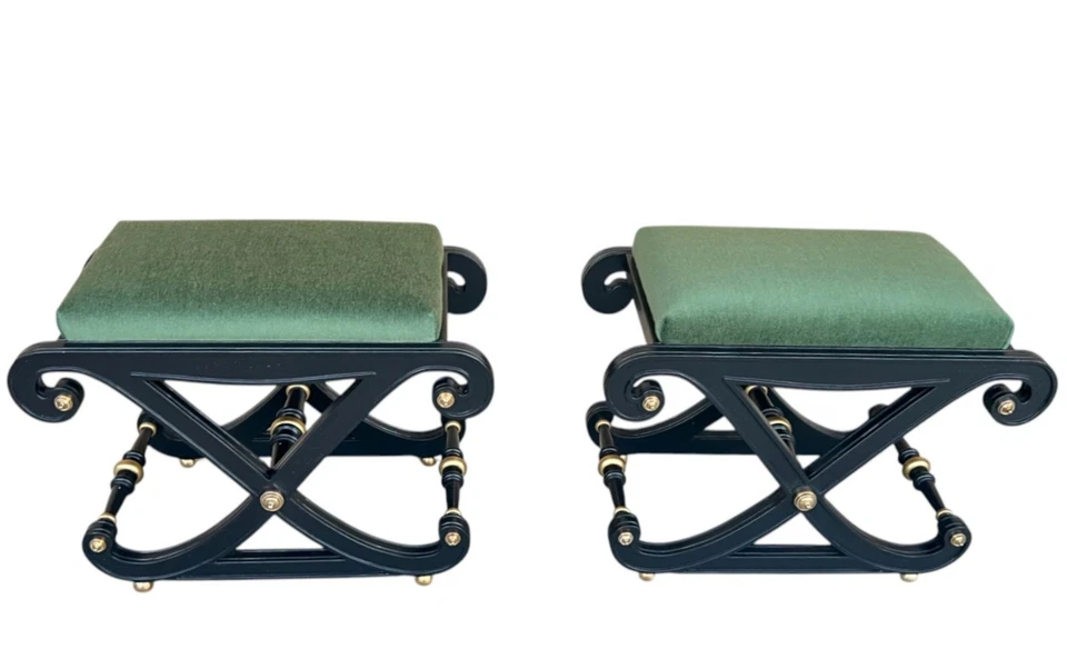 Par de bancos Hollywood Regency años 70 - mohair terciopelo oliva, base X, Foto 3 de 4