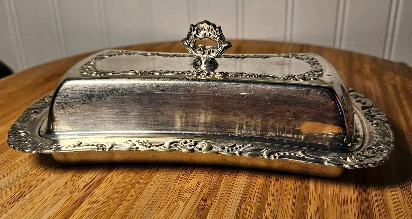 Vintage Ornate Shiney Steel Butterdish With Lid Floral Edge design Chrome Handle