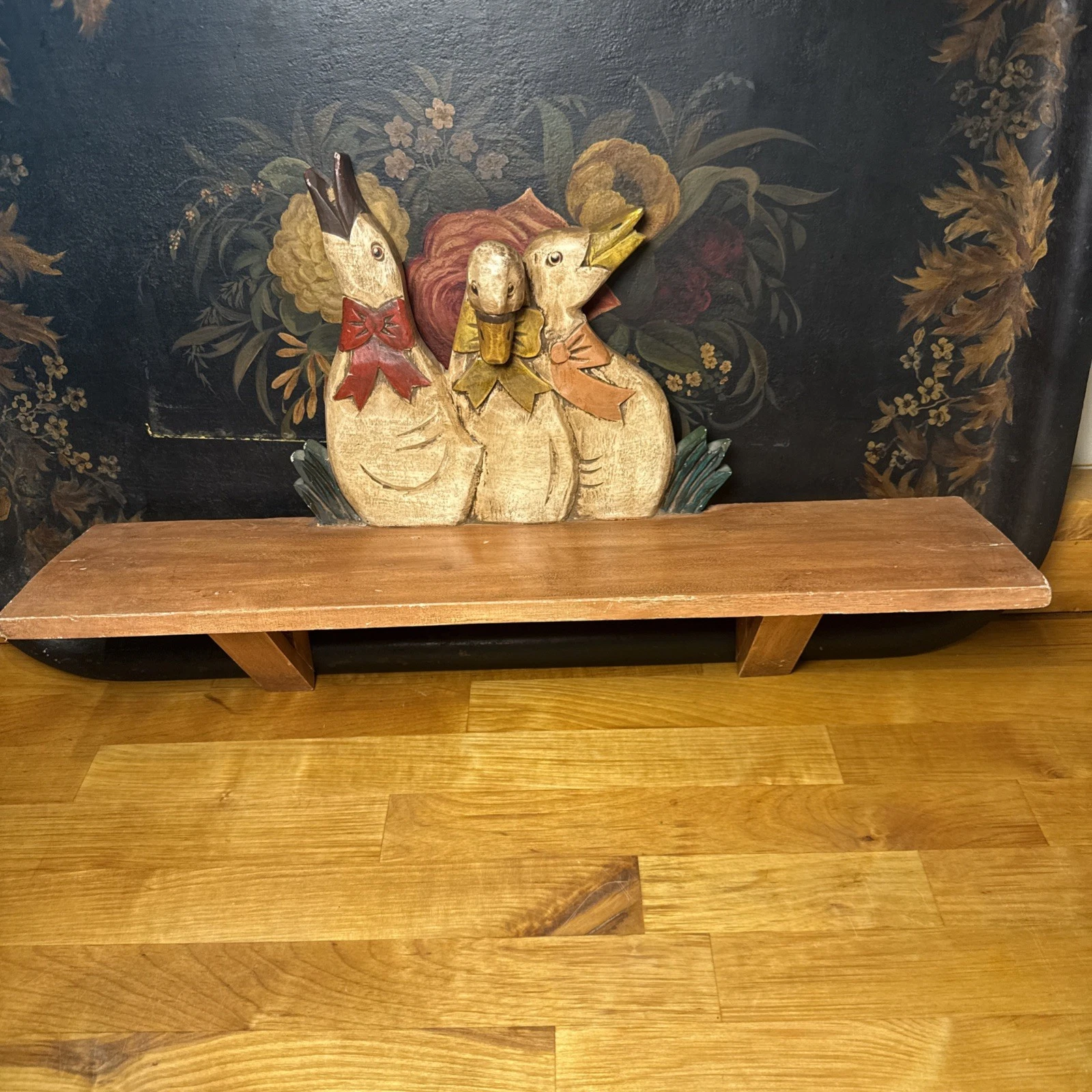 Vintage Wood Shelf With 3 Ducks & Bows 20”L