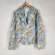FDJ French Dressing Denim Jean Jacket Women's Sz L Floral Short Blue Cottage