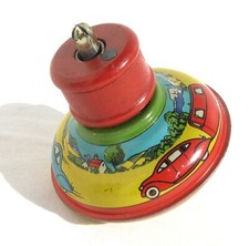 Antique Vintage 3" Tin Litho Spring Loaded Spinning Top Art Deco Cars USA