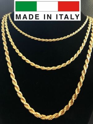 Mens 14K Gold Plated Real Solid 925 Silver Rope Chain MADE IN ITALY 20-30'' 3-5mm