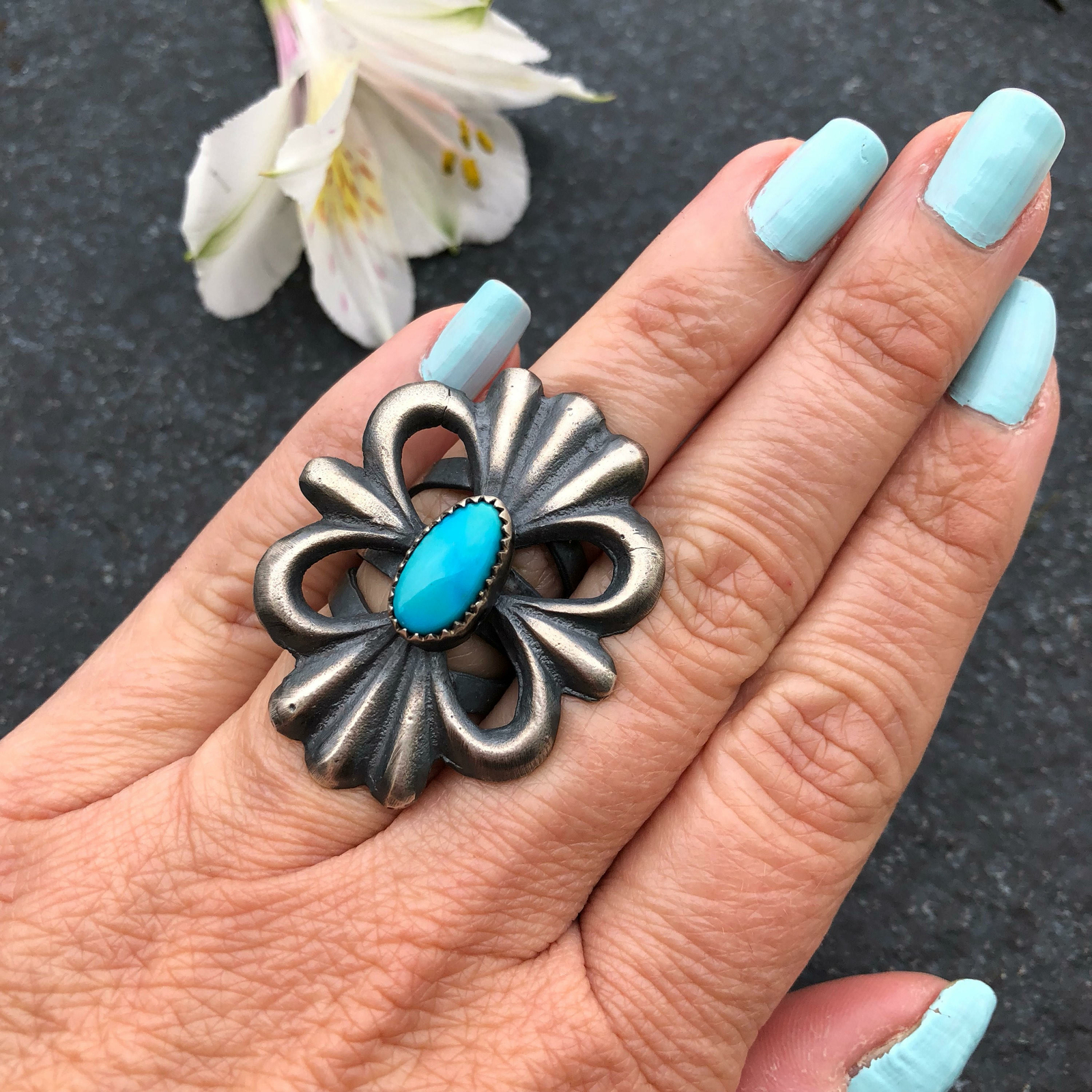 Cast Sterling Concho Turquoise Ring Cast Ring Mens Turquoise Ring