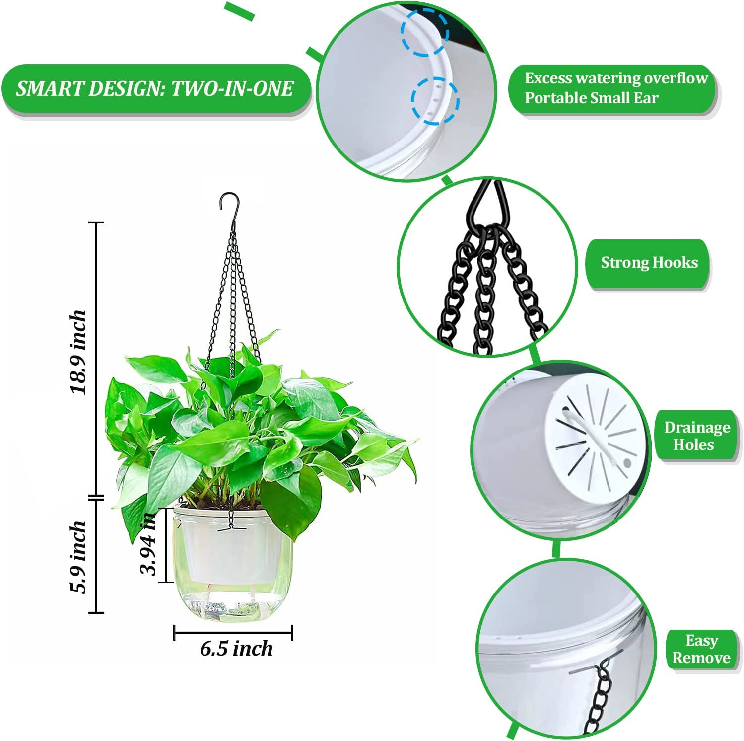2 Pack Self Watering Hanging Planters Indoor Hanging Flower Pots, 6.5