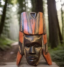 Tribal Mask Crafted In Kenya African 4.25” X 9” Primative Hand Carved Wooden