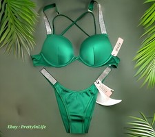 Victoria's Secret BOMBSHELL Push Up SWIM rhinestones shine brazilian green