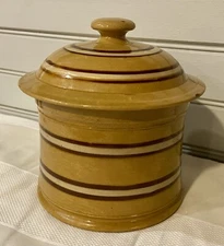 Antique Yellowware Pottery Crock Stripe Banded Mocha Ware Canister W/ Lid