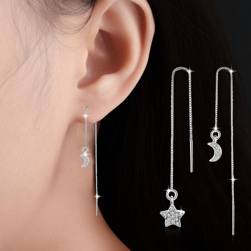 Women’s 925 Sterling Silver Star Moon Tassel Stud Earrings Jewelry
