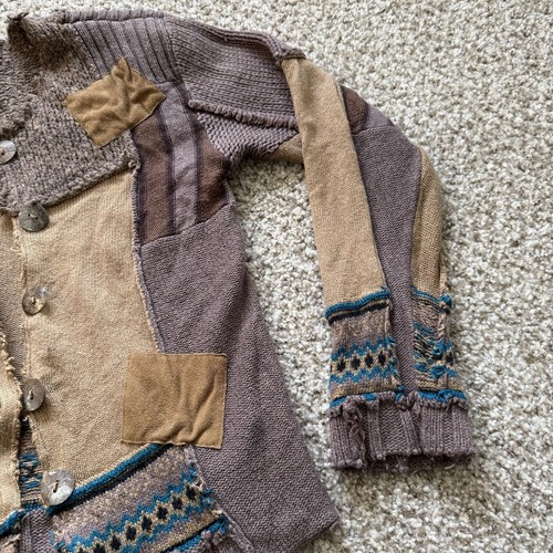 Carole Little Patchwork Cardigan Sweater Women’s Medium Tan Neutrals Boho Hippie - Picture 4 of 9