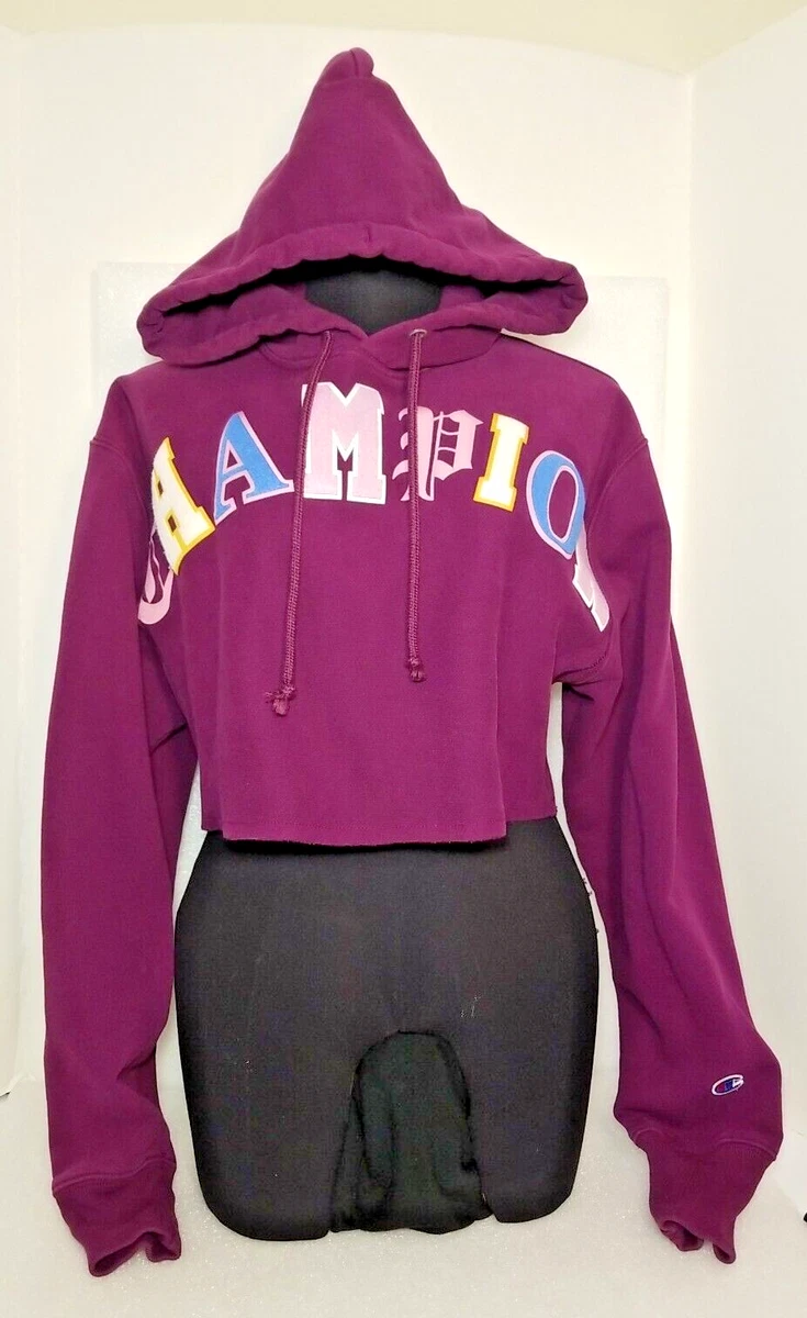 CHAMPION Purple Reverse Weave CROP HOODIE Womens Size XS Spell Out T19