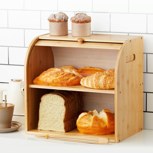 2 Layer Bamboo Bread Bin Rolling Shutter Door Double Decker Storage Box Kitchen - Picture 3 of 9
