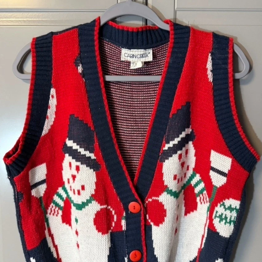 Chaleco Suéter Tejido Cabin Creek Vintage Muñeco de Nieve Fair Isle, Azul Rojo, S Foto 3 de 4