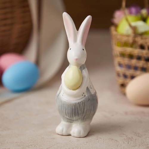 Ceramic Bunny Figurine Easter Bunny Decorations White C-Small Overalls and Egg - Picture 6 of 6