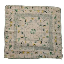 Vintage Silk Handkerchief Abstract Town Scene Border Featuring People Horses