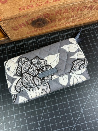 Vera Bradley Quilted Trifold Clutch Wallet Gray Black Floral RFID 6.5" x 4"