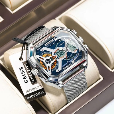 Herren Rechteck LED Quarzuhr Edelstahl Wasserdicht Dual Time Calendar
