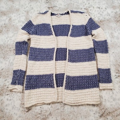 LL Bean Signature Womens Size XXS Striped Open Tunic Cardigan Knit Blue White