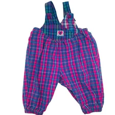 True VTG OshKosh B'Gosh Vestbak USA Plaid Overalls Pink Purple Cotton 12mo EUC
