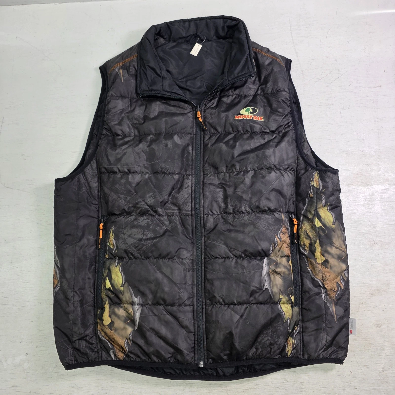 Mossy Oak Mens 2XL Reversible Puffer Vest Zip Up Pockets Camo Black Hunting NWOT