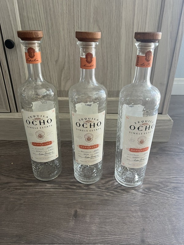 3 Tequila Ocho,  Single Estate, Reposado, Empty Bottles 750ml un rinsed 