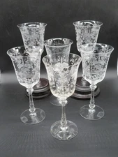 VTG Heisey Glass Co Set 6 Wine Glasses Etched Pattern is Orchid with Bows