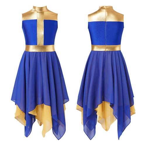 Kids Girls Praise Dance Dress Asymmetrical Chiffon Skirt Ballroom Costume - Picture 5 of 55