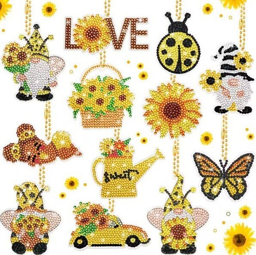 12pcs 5D DIY Assorted Summer Sunflower Diamond Art Keyrings by Numbers Kit - Picture 1 of 7