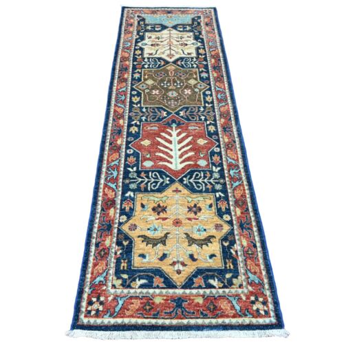 2'6"x8'1" Blue Afghan Peshawar Akstafa Motif Hand Knotted Wool Runner Rug R20626