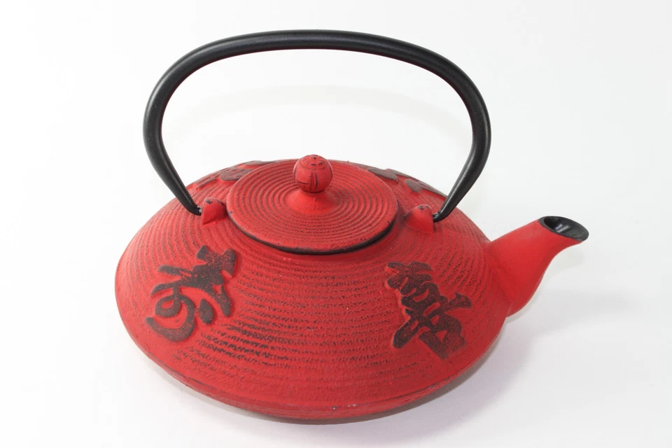 24 fl oz Red Fu Lu Shou Xi Chinese Cast Iron Teapot Tetsubin with Infuser Filter - Image 2 of 4