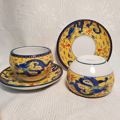 Bai Ru Xue Brand - 2 Cups and Saucers - Dragon Motif -Yellow and Blue -Excellent