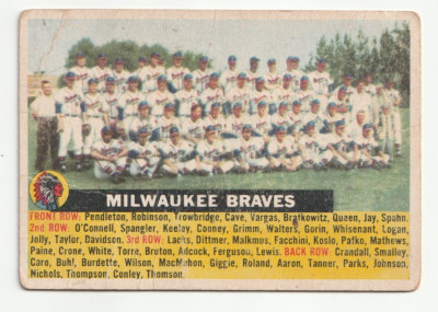 1956 Topps #95 MILWAUKEE BRAVES TEAM CARD White Back WB AARON  VG VINTAGE 1950S