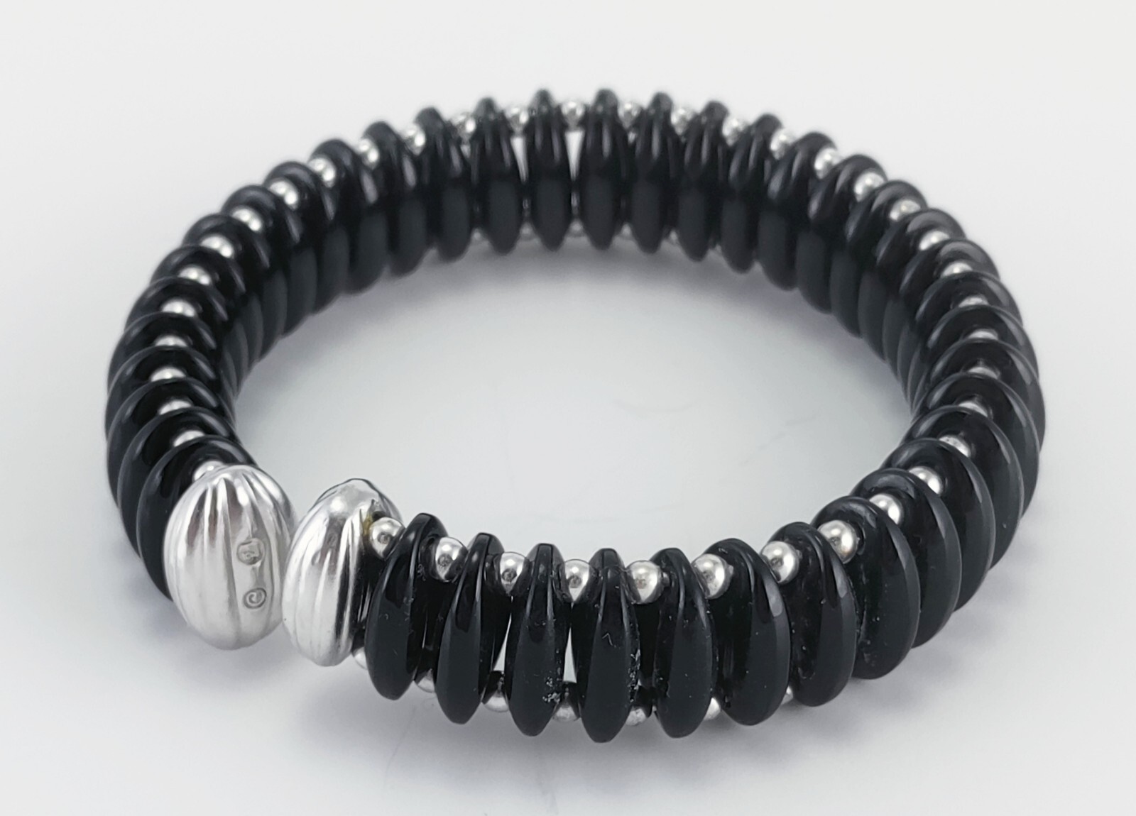 Swan Signed Swarovski Black Onyx Sterling Silver Bead Bangle