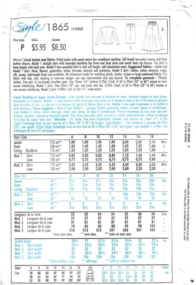 Vintage Style Sewing Pattern # 1865 Misses' Lined Jacket and Skirt Sizes: 6-18 - Image 2 of 2