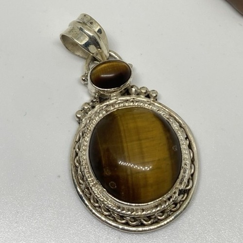 Vintage .925 Sterling Silver Large Tiger’s Eye Drop Pendant Round 12grams
