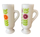 Vintage AVON MILK GLASS DEMITASSE Pedestal Cups Floral Design 5" set 2 MCM Retro