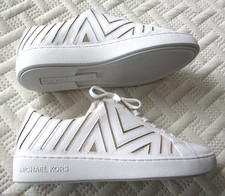 MICHAEL KORS White Leather Gold Chevron Lace Up Designer Sneakers 9.5M NEW
